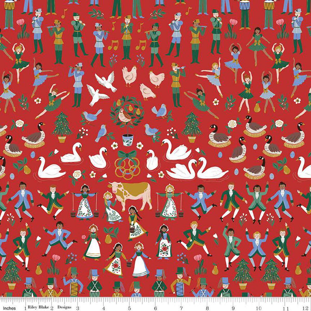 Quilting Cotton A Pear-fect Christmas Twelfth Day Red