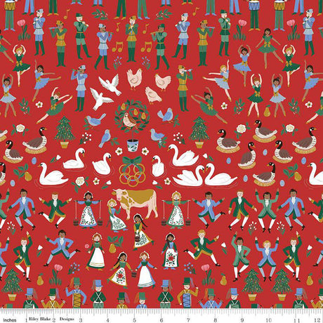 Quilting Cotton A Pear-fect Christmas Twelfth Day Red