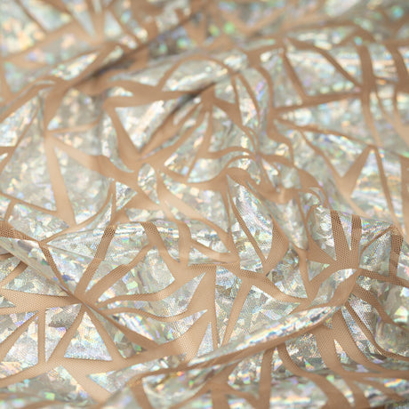 Abstract Triangle Polyester Mesh Fabric - Shattered Glass Foil Print, 58/59" Width (1 Yard)