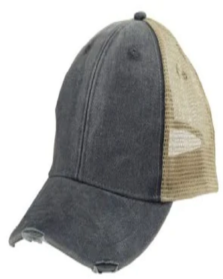 Adam'S AD48 Cap Cotton Nylon Mesh Fabric - Black/Tan, Six Panel, Mid-Crown, Distressed Torn Visor (1 Cap)