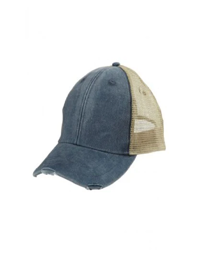 Adam's AD48 Cotton Nylon Cap - Midnight Navy/Tan, Six Panel, Mid-Crown, Structured, Distressed Visor (1 Cap)