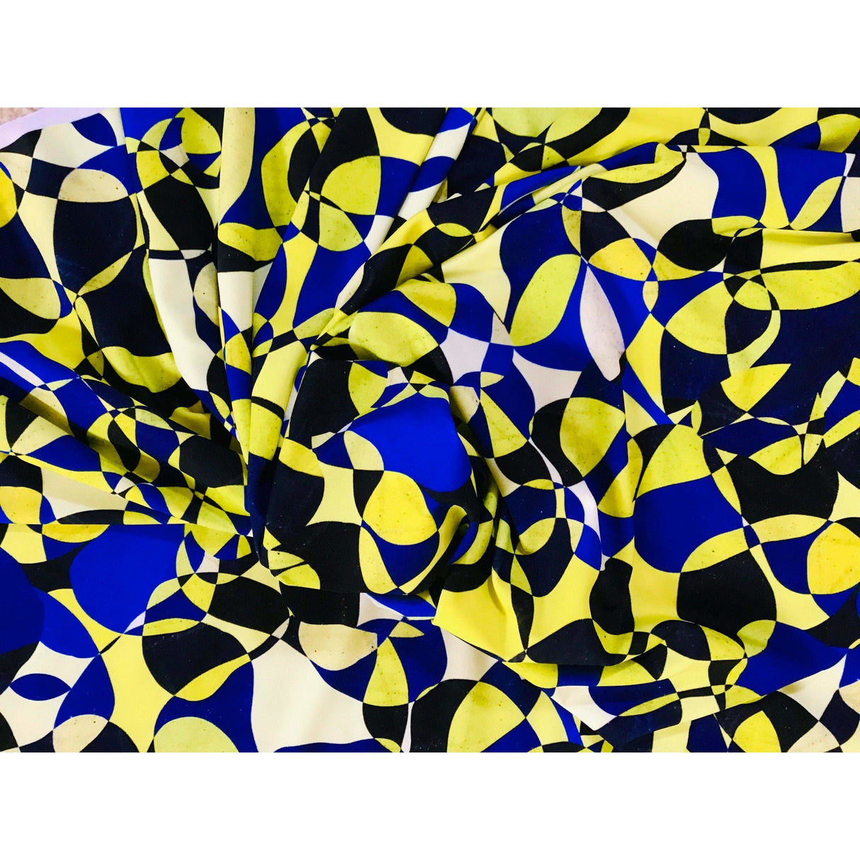 African Print Elastic Knit Fabric - Yellow, Shades Of Blue Chiasoka, 58" Width (1 Yard)