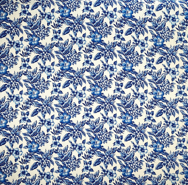 Rayon Poplin Fabric All Over Hibiscus Plumeria Tropical Leaves