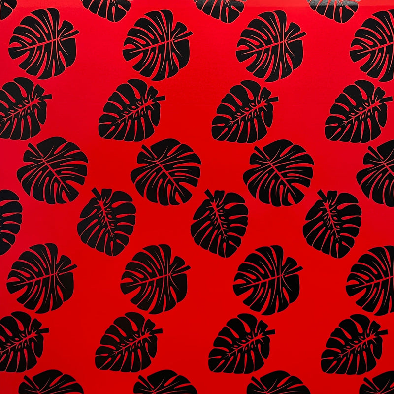 All Over Monstera Leaf Design Polyester Foil Fabric - Red/Black, Black/Silver, White/Royal, 36" X 60" (1 Yard)