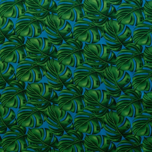 All Over Monstera Leaf Polyester Fabric - Magenta/Royal, White/Green, Turquoise/Green, Yellow/Green, 36" X 45" Width (1 Yard)