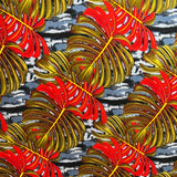 All Over Monstera Leaf Rayon Poplin Fabric - Purple/Teal/Red, 36" X 45" (1 Yard)