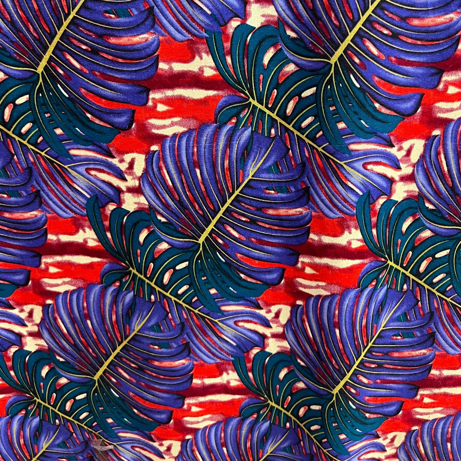 Monstera Leaf Rayon Poplin Fabric - Purple/Teal/Red, All Over Print, 36" X 45" (1 Yard)