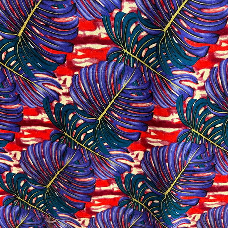 Monstera Leaf Rayon Poplin Fabric - Purple/Teal/Red, All Over Print, 36" X 45" (1 Yard)