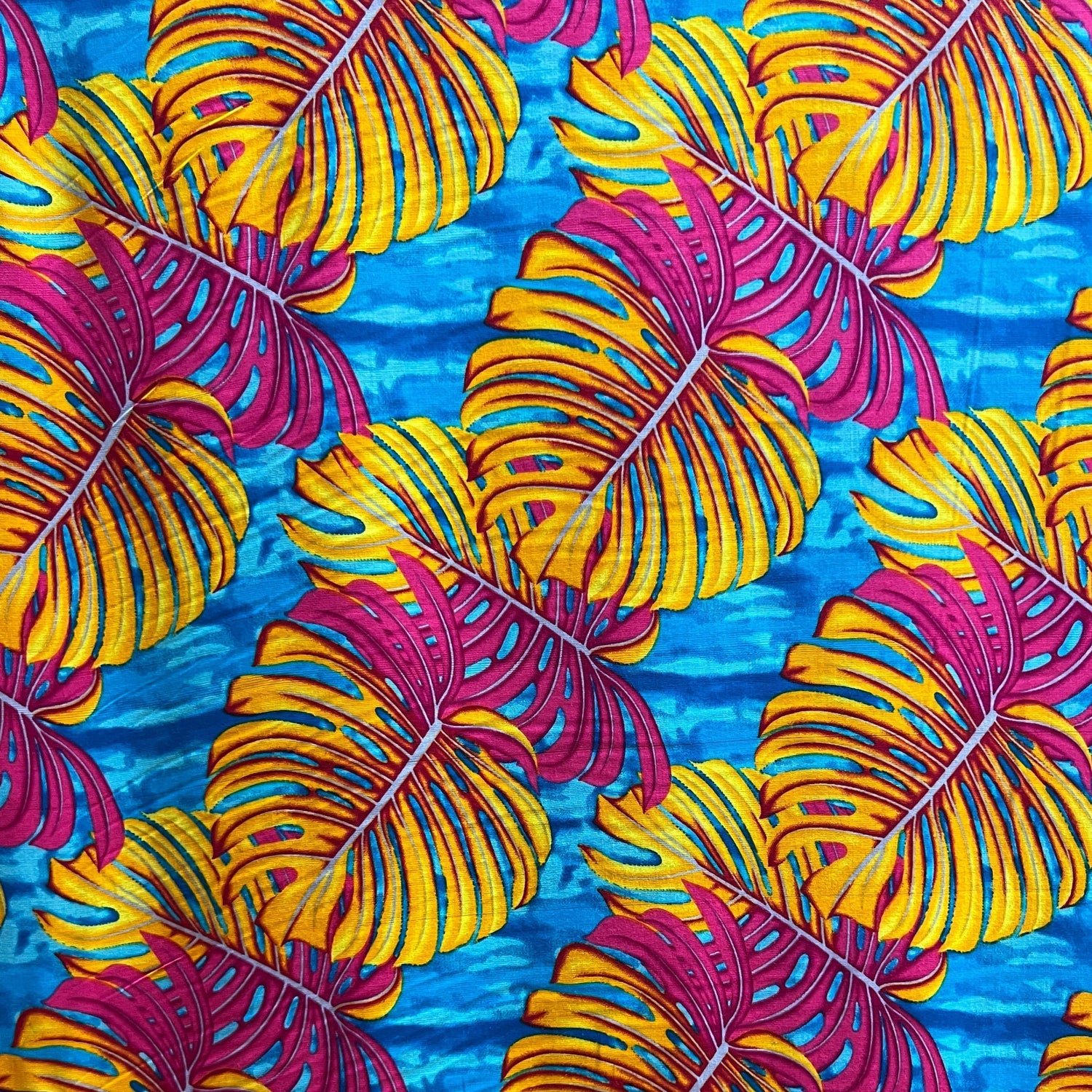 All Over Monstera Leaf Rayon Poplin Fabric - Purple/Teal/Red, 36" X 45" (1 Yard)