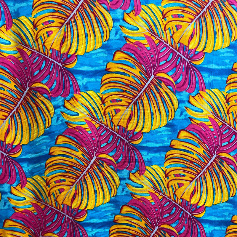 Monstera Leaf Rayon Poplin Fabric - Purple/Teal/Red, All Over Print, 36" X 45" (1 Yard)