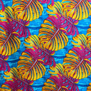 Monstera Leaf Rayon Poplin Fabric - Purple/Teal/Red, All Over Print, 36" X 45" (1 Yard)