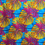 Monstera Leaf Rayon Poplin Fabric - Purple/Teal/Red, All Over Print, 36" X 45" (1 Yard)