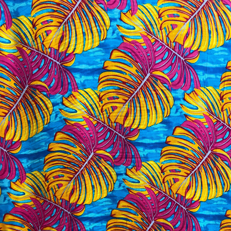 Monstera Leaf Rayon Poplin Fabric - Purple/Teal/Red, All Over Print, 36" X 45" (1 Yard)
