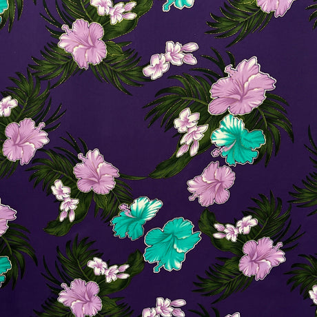 Aloha Garden Polyester Glitter Fabric - Hibiscus, Plumeria, Banana Leaves, Palm Leaves, Glitter Print, 36" Width (1 Yard)