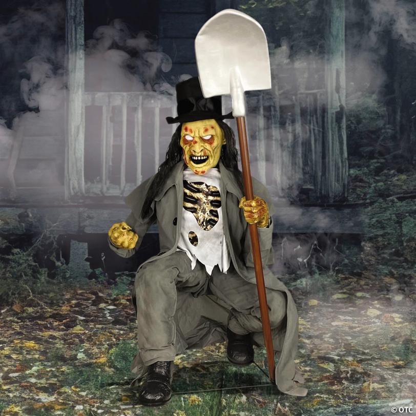 Animated Light-Up Crouching Grave Digger with Sound Halloween Decoration