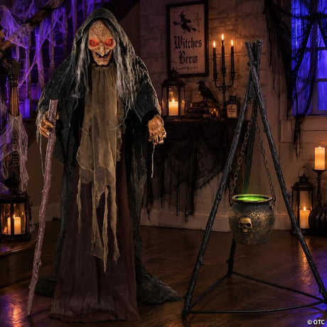 Animated Standing Witch and Bubbling Cauldron Halloween Decorating Kit, featuring a classic spooky Halloween witch