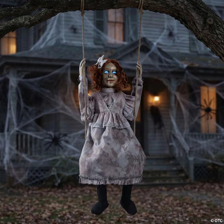 RADYAN Animated Swinging Decrepit Doll Halloween Decoration with Motion Sensor shown in a clear product image