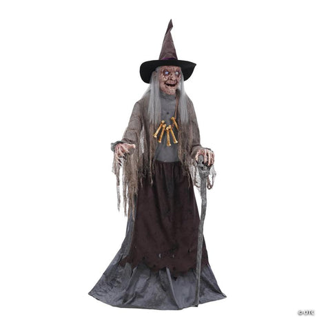 Animated Crone Witch Halloween Prop with Glowing LED Eyes and Motor, lights up for a spooky Halloween night display
