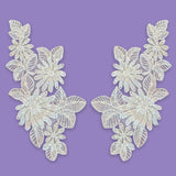 Beaded Lace Applique Embroidered On 100 Percent Polyester Organza Fabric - Off White, 8.75" X 4.25" (1 Pair)