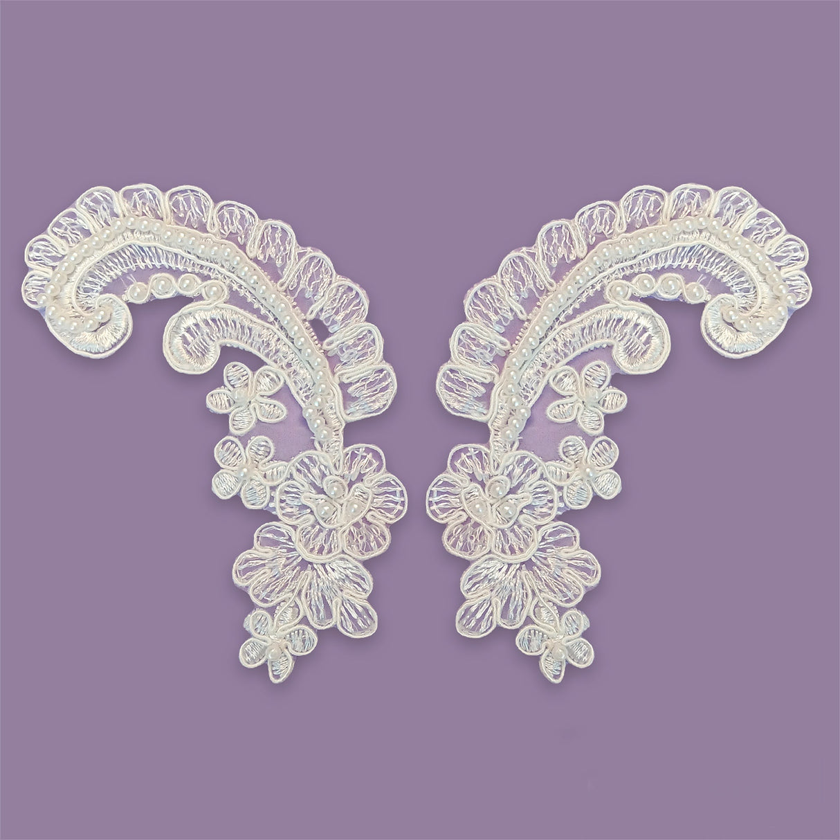 Beaded Corded Floral Lace Applique White 2" x 5.5"