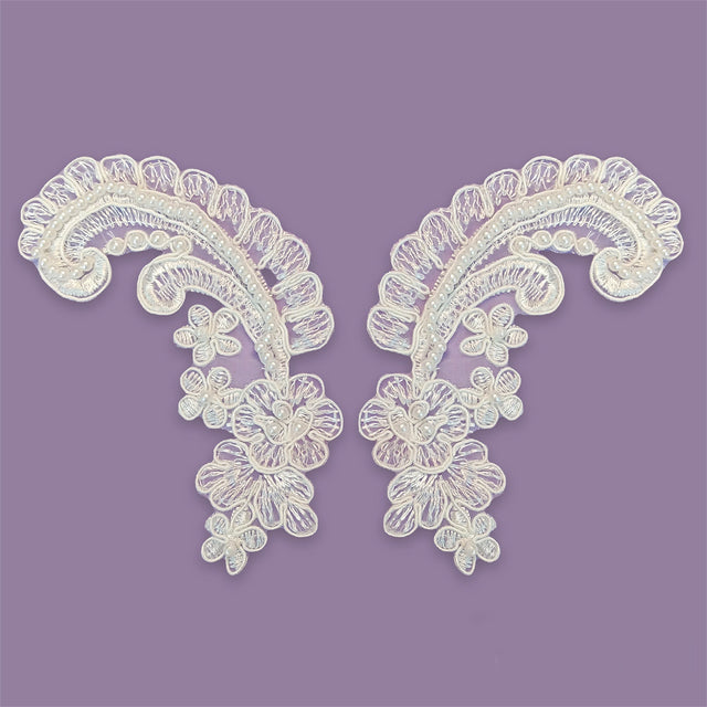 Beaded Corded Floral Lace Applique White 2" x 5.5"