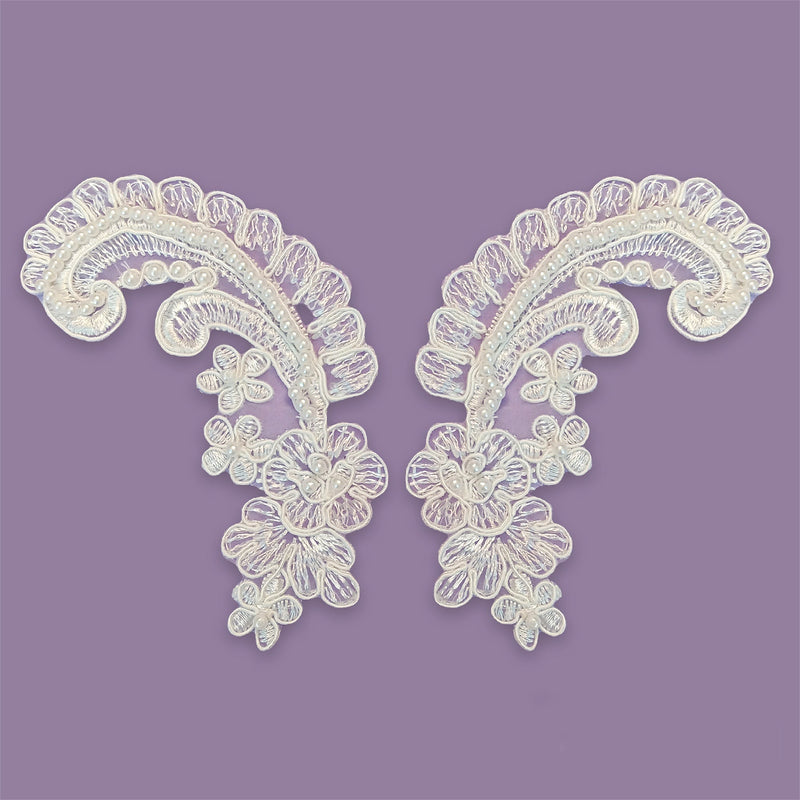 Beaded & Corded Floral Lace Applique 100 Percent Polyester Fabric - White Floral Embroidered Applique, 2" X 5.5" (1 Pair)