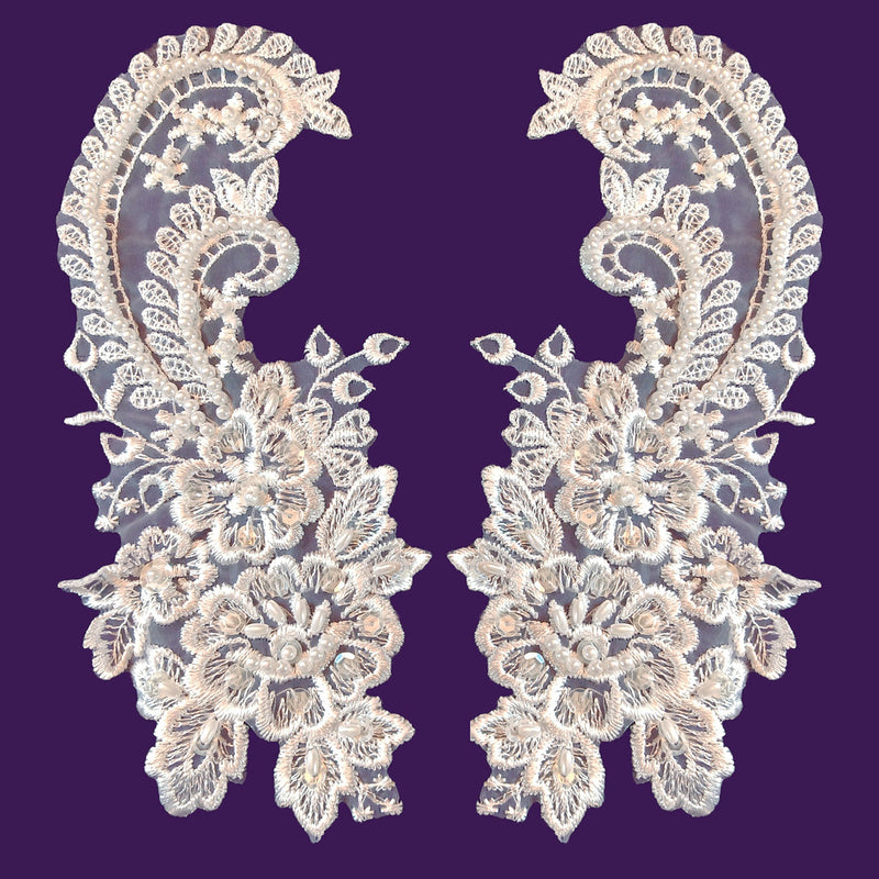1 Yard Beaded Bridal Lace Applique Embroidered on 100% Polyester Organza 8.75" x 4" Each Side