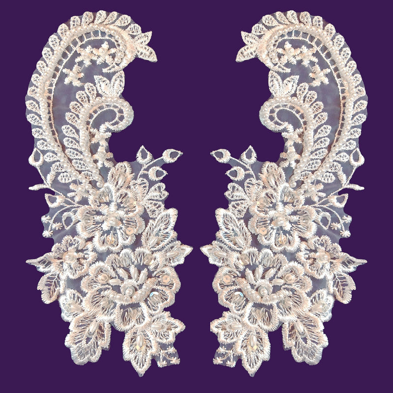 Beaded Bridal Lace Applique 100 Percent Polyester Organza Fabric - White, Beaded Embroidered Applique, 8.75" X 4" (1 Pair)