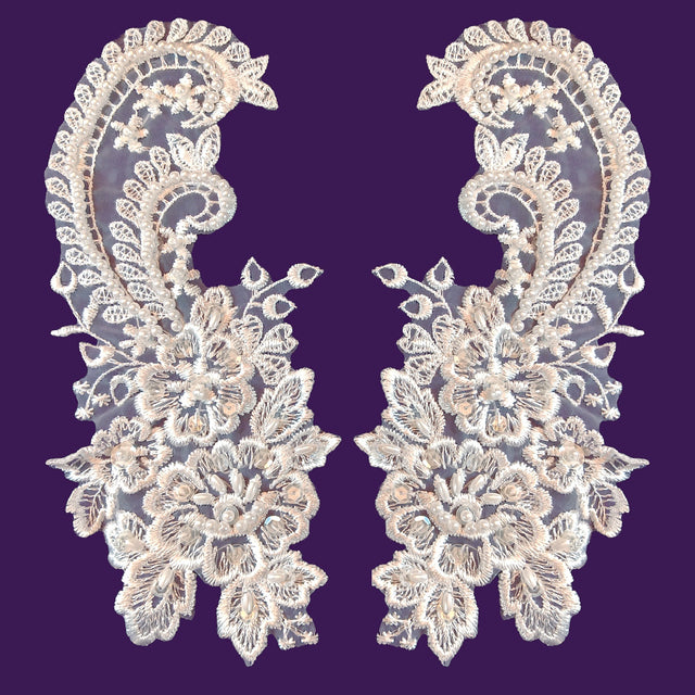 Beaded Bridal Lace Applique White 8.75 x 4