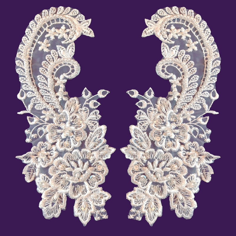 1 Pair Beaded Bridal Lace Applique Embroidered on 100% Polyester Organza 8.75" x 4" Each Side