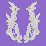 Beaded Lace Applique Polyester Satin Fabric - Off White Embroidered Beaded Applique, 10.75" X 3.25" (1 Pair)