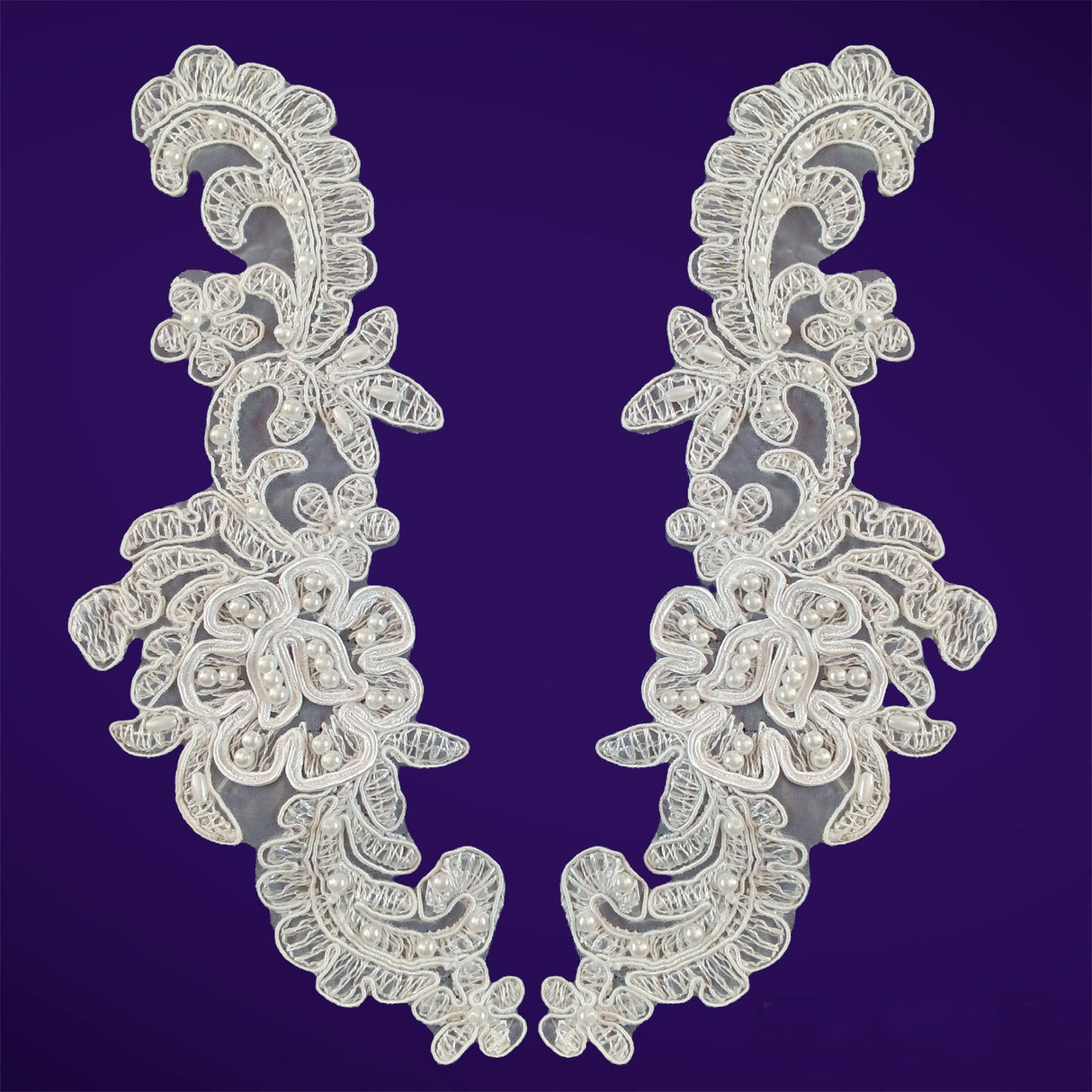 Beaded & Corded Floral Lace Applique Embroidered On 100% Polyester Net Mesh Fabric - White Floral Applique, 2.75" X 8.75" (1 Pair)