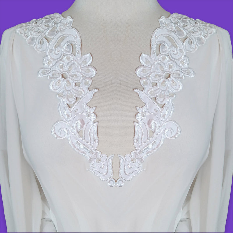 Handmade Beaded Lace Applique Polyester Fabric - Off White, 12.25" X 3.25" (1 Pair)
