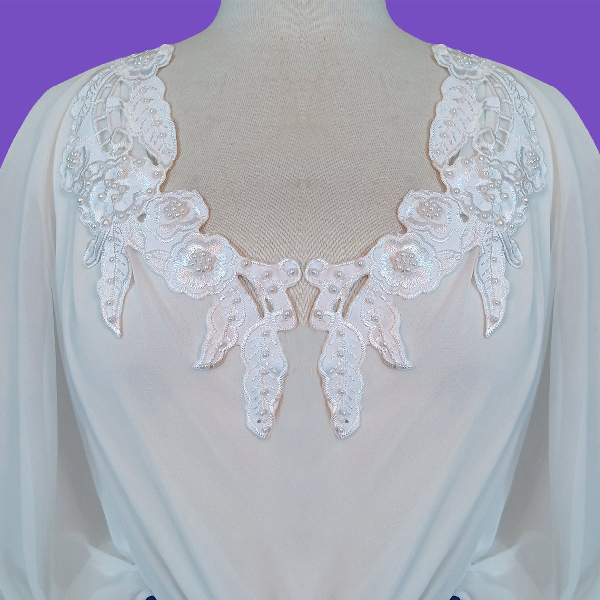 Beaded Lace Applique Polyester Satin Fabric - Off White Embroidered Beaded Applique, 10.75" X 3.25" (1 Pair)