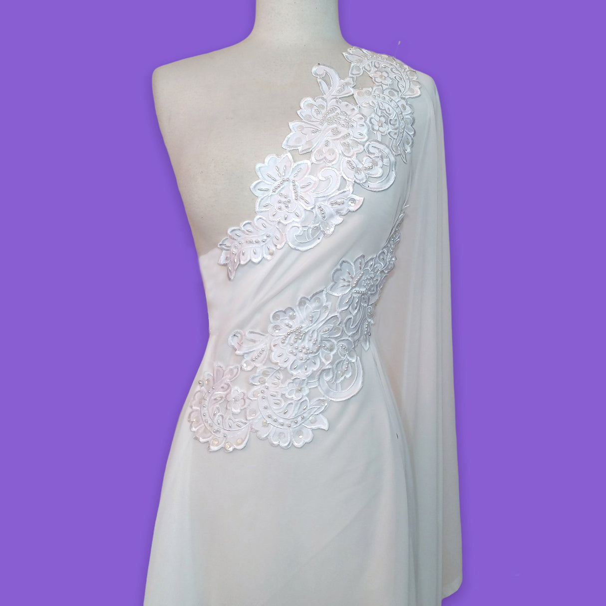 Beaded Lace Applique Off White Satin