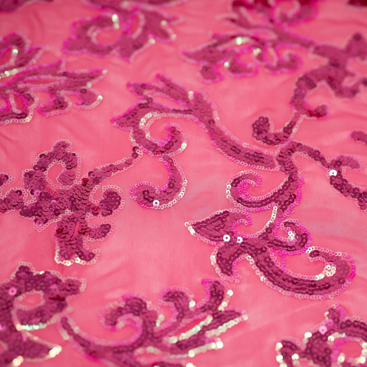 Applique Stretch Mesh Sequin Polyester Spandex Fabric - Baroque Sequin Embroidered Mesh, 58/56" Cut Width, 50" Usable Width (1 Yard)