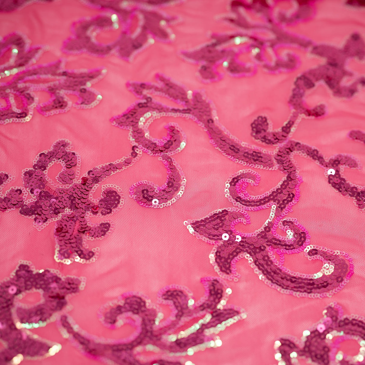Applique Stretch Mesh Sequin Polyester Spandex Fabric - Baroque Sequin Embroidered Mesh, 58/56" Cut Width, 50" Usable Width (1 Yard)