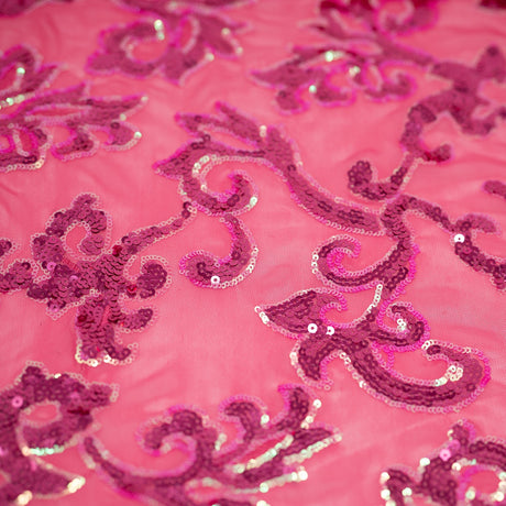 Applique Stretch Mesh Sequin Polyester Spandex Fabric - Baroque Sequin Embroidered Mesh, 58/56" Cut Width, 50" Usable Width (1 Yard)