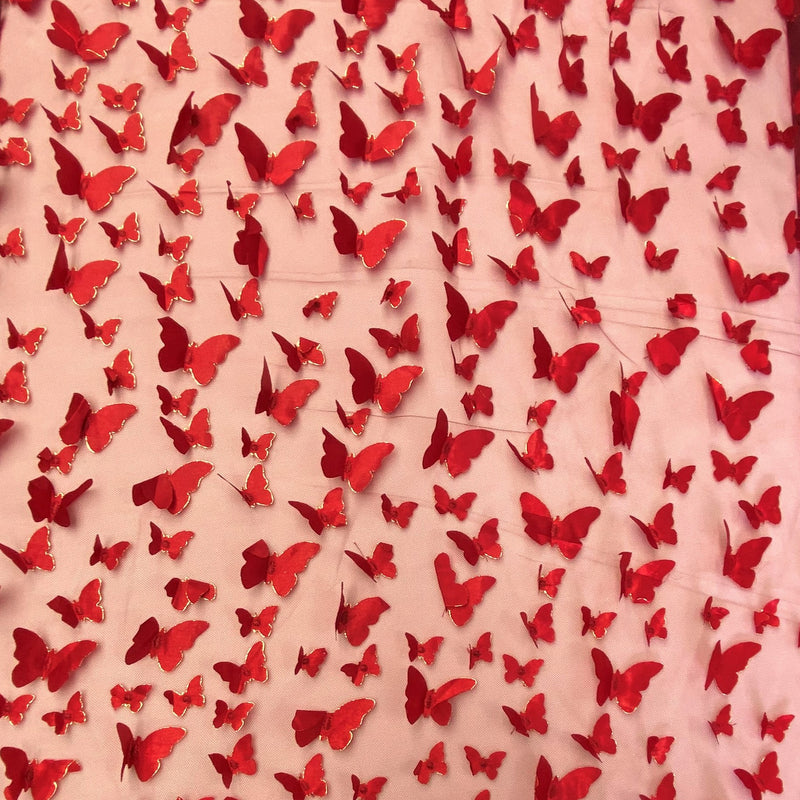1 Yard Apple Red 3D Butterfly Mesh Fabric with Satin Appliqué 54 Inch Wide