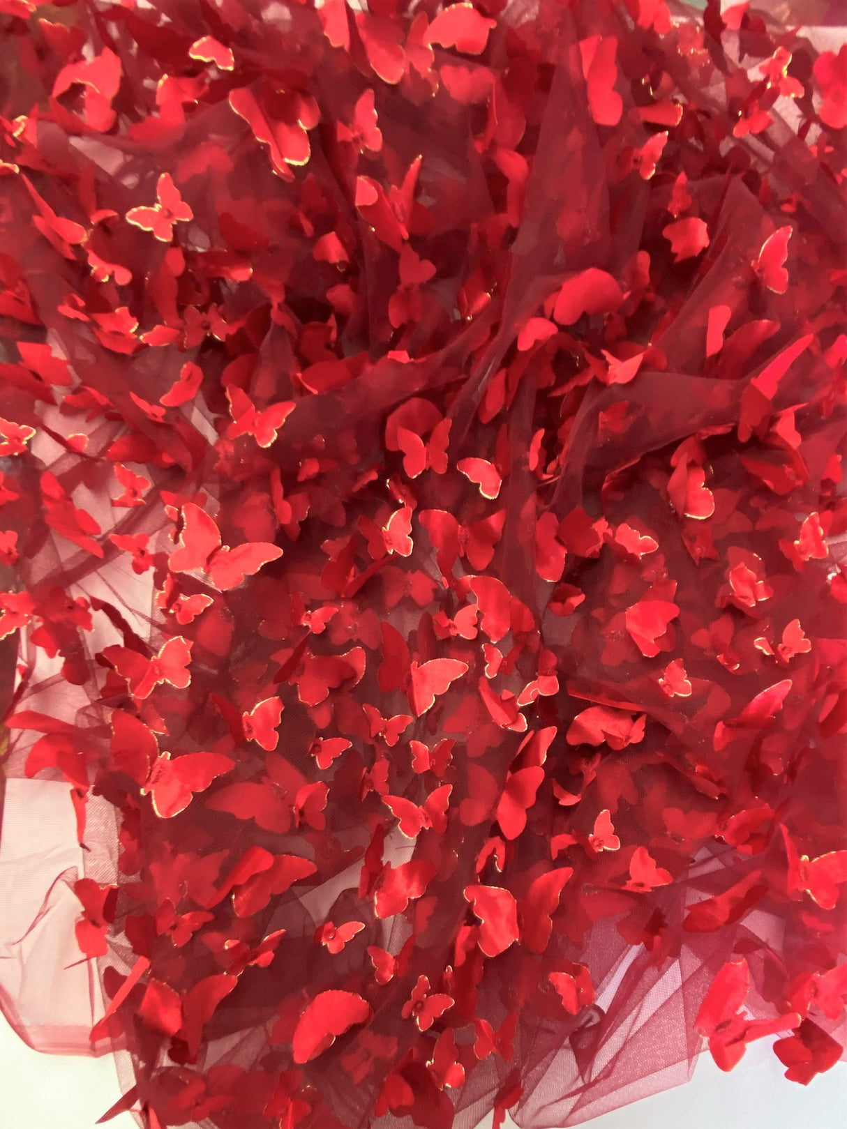 3D Butterflies Apple Red Polyester Mesh Fabric - Light Weight Satin Butterflies, Apple Red, 54" Width