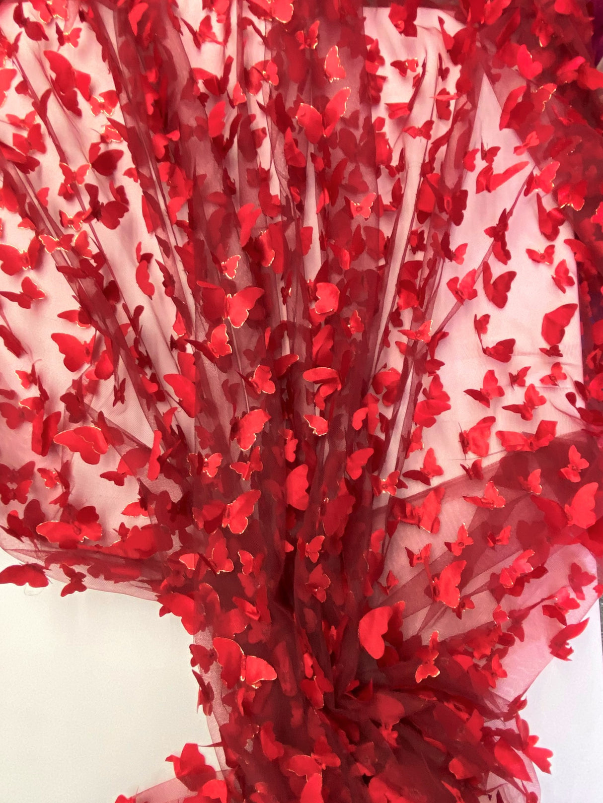 3D Butterflies Apple Red Polyester Mesh Fabric - Light Weight Satin Butterflies, Apple Red, 54" Width