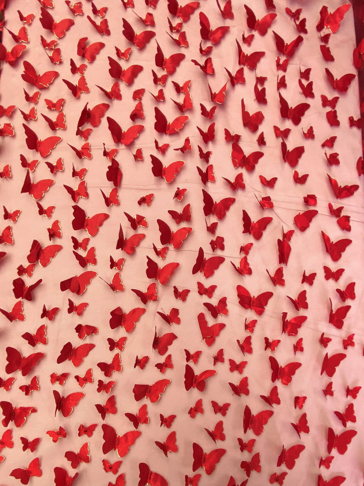 3D Butterflies Apple Red Polyester Mesh Fabric - Light Weight Satin Butterflies, Apple Red, 54" Width