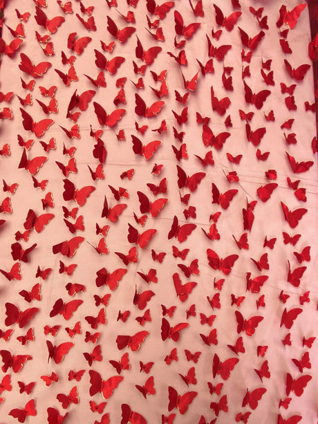 3D Butterflies Apple Red Polyester Mesh Fabric - Light Weight Satin Butterflies, Apple Red, 54" Width
