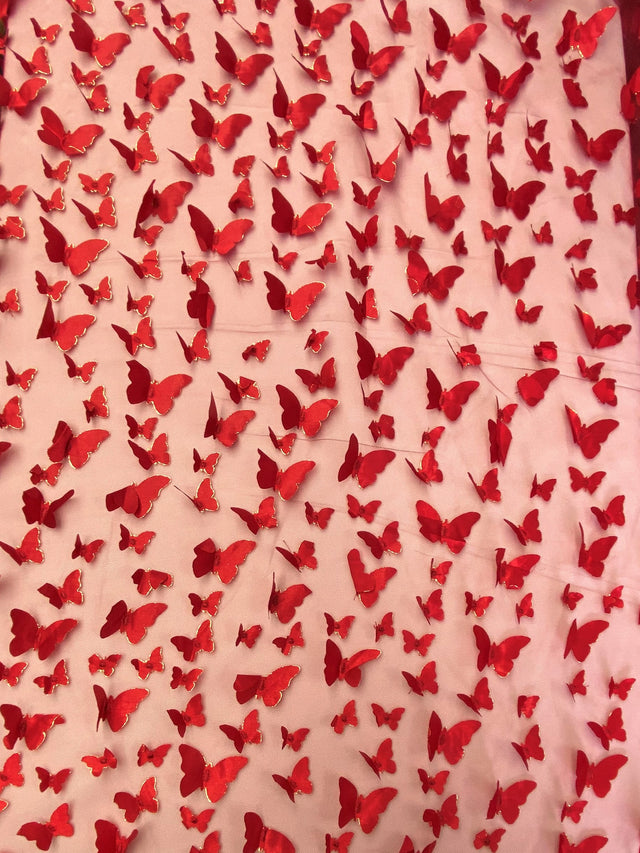 3D Butterflies Apple Red Polyester Mesh Fabric - Light Weight Satin Butterflies, Apple Red, 54" Width