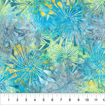 Cotton Batik Fabric Aqua Blue Watercolor Burst Flora