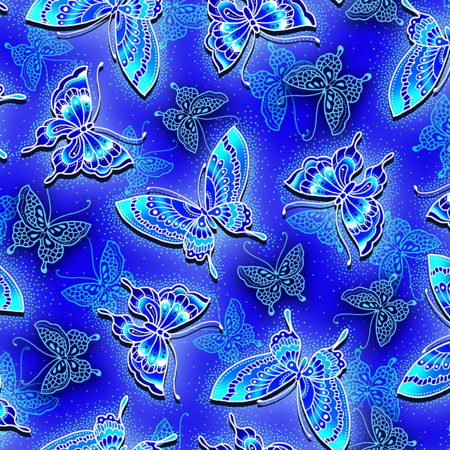 Quilting Cotton Asian Garden II Butterfly Floral Blue Oasis Fabrics
