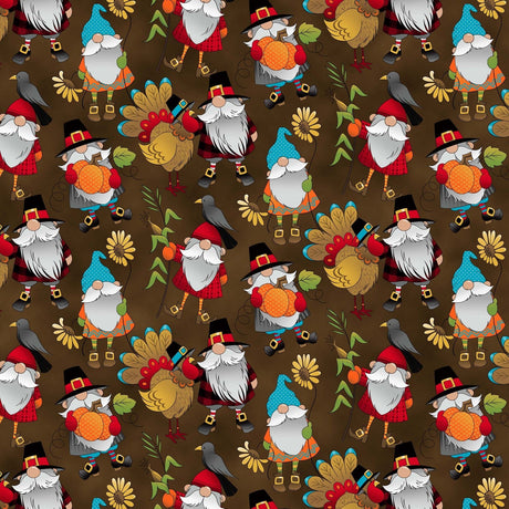 Quilting Cotton Autumn Glory Harvest Gnome Brown