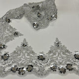 Beaded Corded Floral Lace Trimming Polyester Fabric - Embroidered Net Mesh, 7" Wide (1 Yard)