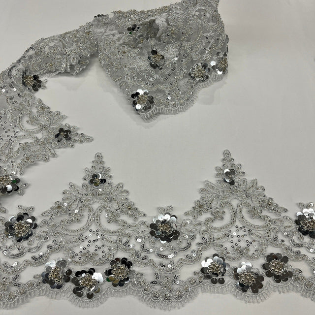 Beaded Corded Floral Lace Trim 7" Wide