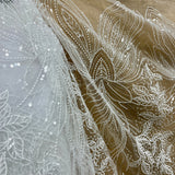Beaded Sequined Lace Fabric Leaf Vine